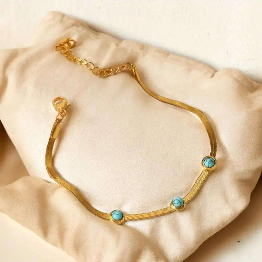 NEW 18k yellow gold plated flat snake chain turquoise bracelet jewelry B27A